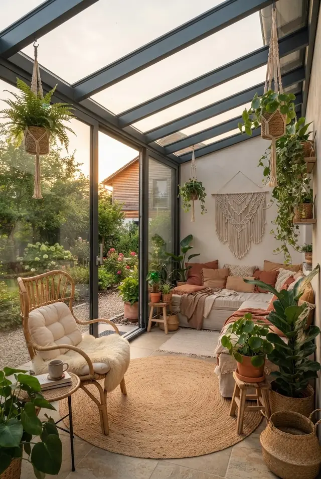 Boho-Wintergarten mit Rattan und Pflanzen – Symbolbild
