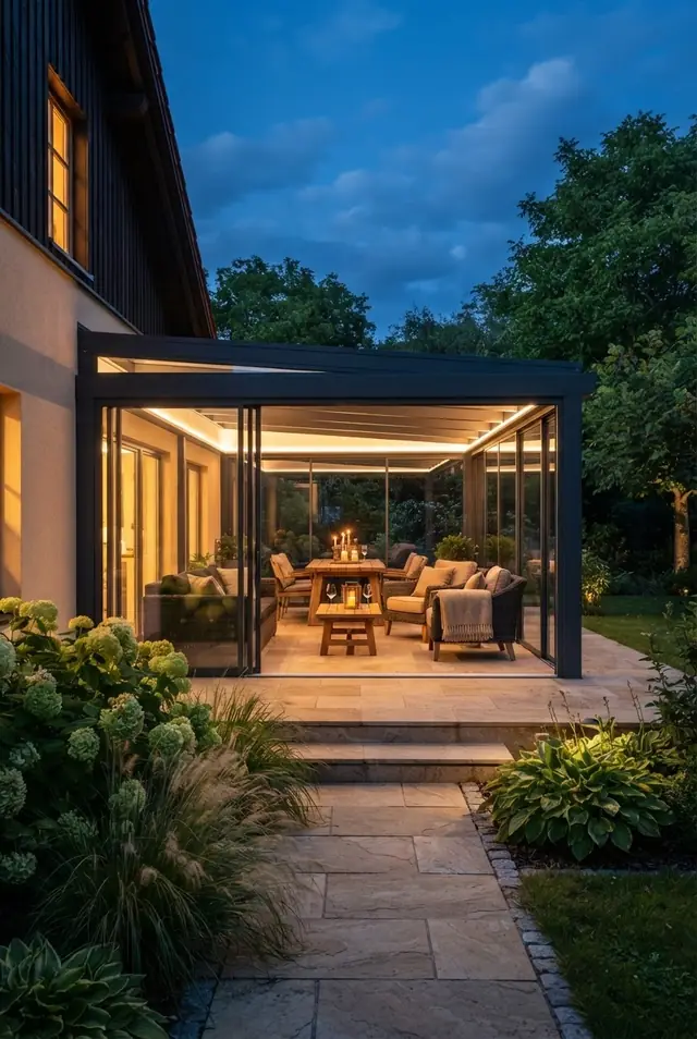 Wintergarten aus Glas und Aluminium: Sommergarten am Abend