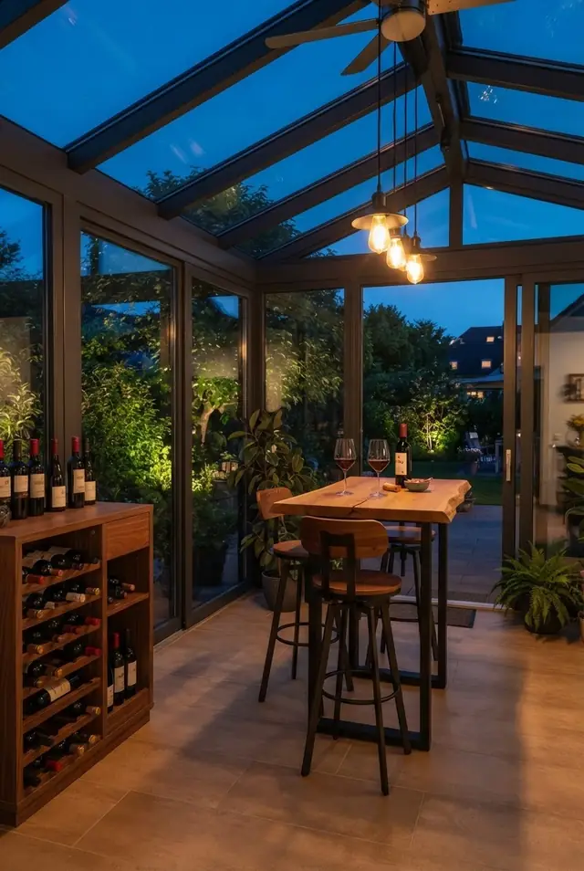 Weinregal und Stehtisch als Bar im Wintergarten