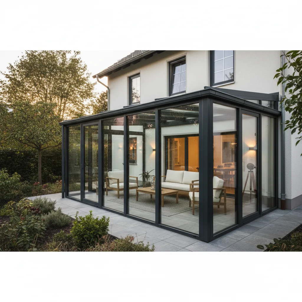 Fertig montierter Wintergarten aus Aluminium und Glas mit Sitzgruppe am Einfamilienhaus